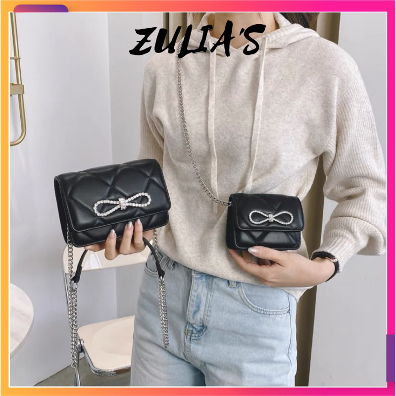 Túi xách nữ đeo chéo thêu trám mác nơ đính đá siêu cute Zuliashop8386