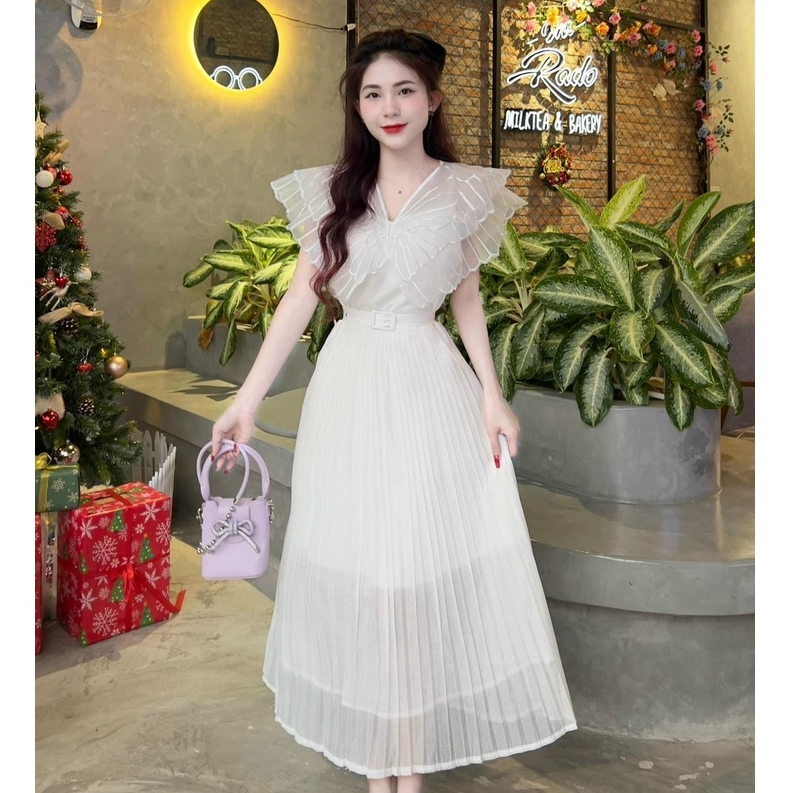 Váy đầm nữ dự tiệc sang trọng dáng dài xếp ly phối họa tiết cánh tiên chất voan mềm mại xinh xắn DX