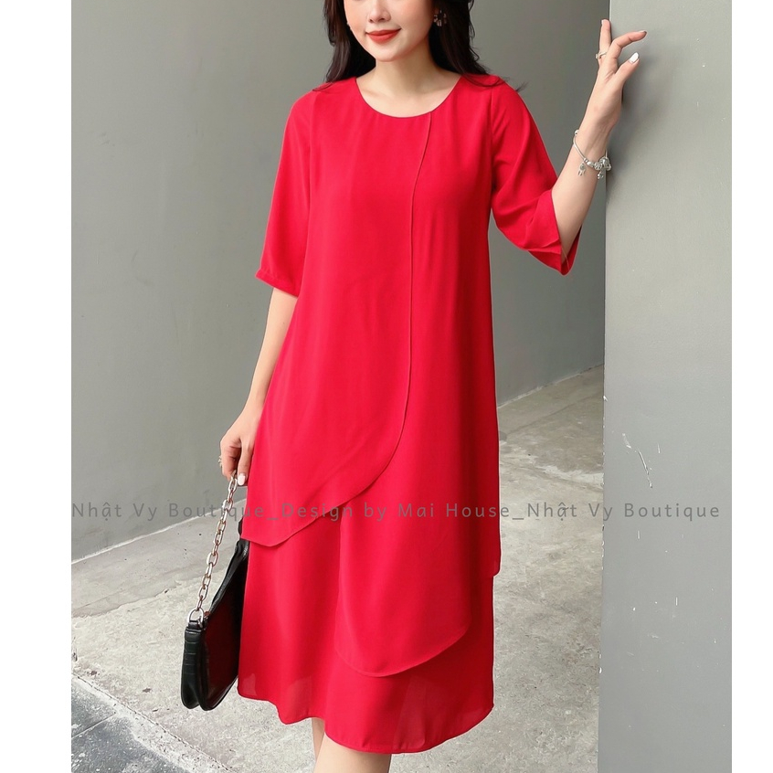 Đầm Váy Dạo Phố Big Size MAIHOUSE Dáng Suông Cổ Tròn Tà Đắp Chéo Tay Lửng Chất Tằm Ý Màu Đen Đỏ - D2374