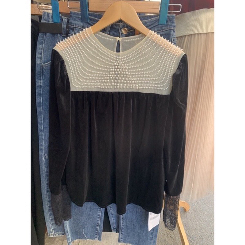 Áo nhung cổ ngọc dài tay phối ren hàng thiết kế cao cấp sang chảnh siêu đẹp ❤️