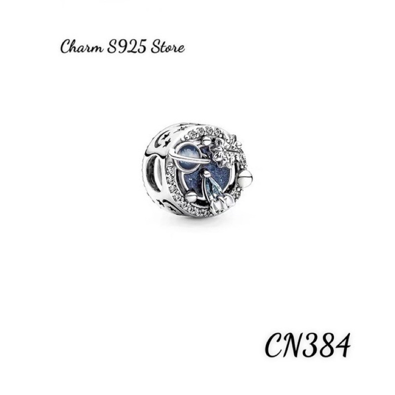 charm pan hoạ tiết vũ trụ đính đá xanh bạc s925 cao cấp