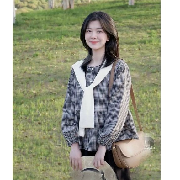 Set áo sơ mi nữ kẻ caro kèm khăn thời trang đường phố, công sở Hàn Quốc thanh lịch đi học, đi làm LEVAN SET268