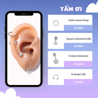Khuyên xỏ vành tai, hình vuông, vương miệng, chữ U