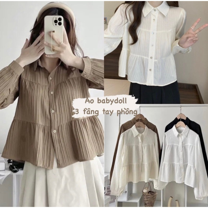Áo sơ mi babydoll 3 tầng cổ đức basic nhiều màu , Áo sơ mi nữ dài tay thời trang Dumi Clothing