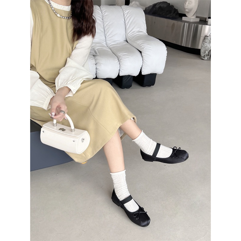 Giày búp bê vải có quai ba lê đế bằng phong cách Balletcore Jennie Backpink - Yannie