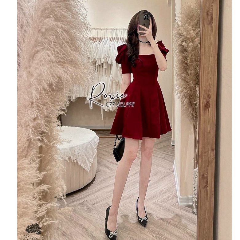 Váy nhung xòe cổ vuông tay bồng 2 màu chất nhung tuyết mềm mịn