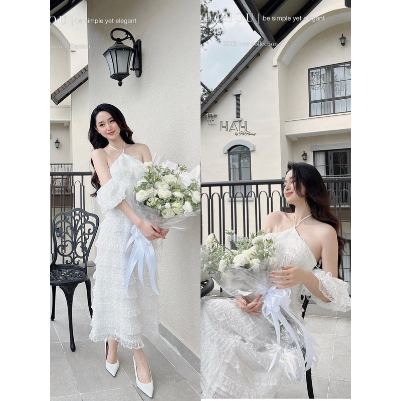 (Có sẵn) Váy cổ yếm trễ vai ren tầng