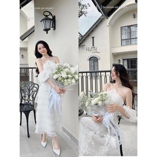 (Có sẵn) Váy cổ yếm trễ vai ren tầng