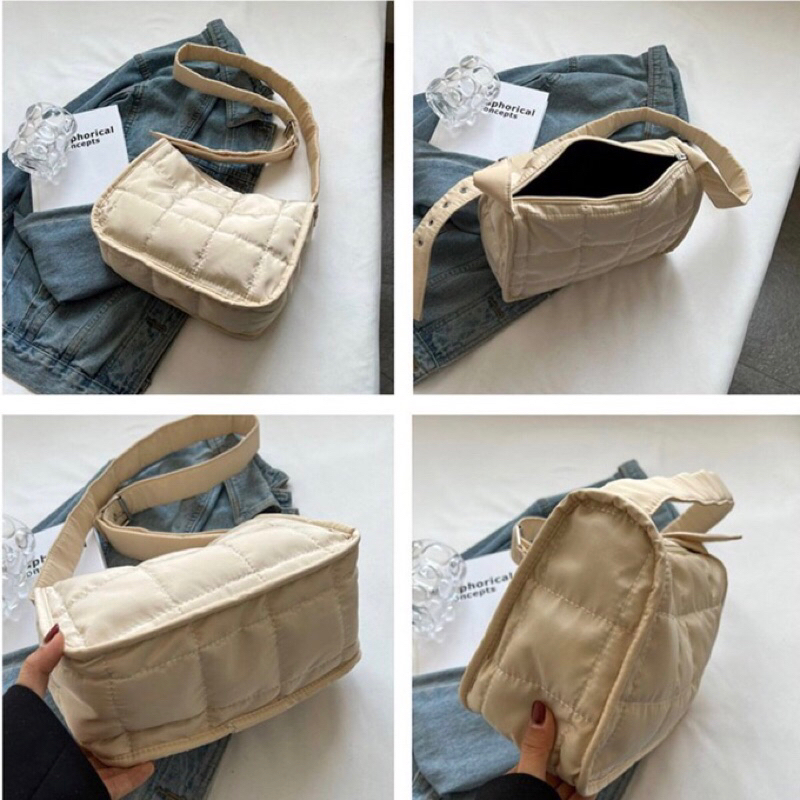 Túi xách đeo chéo vải nylon chân bông phao phong cách unisex có kéo khoá, có ảnh thật