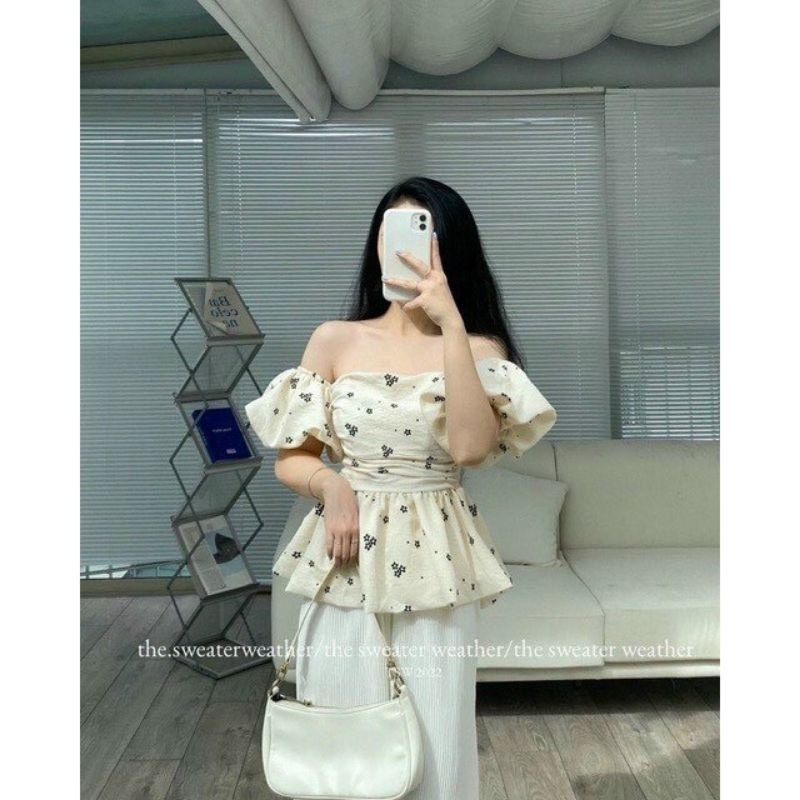 Áo Trễ Vai Nhún Lưng Đũi Hoa