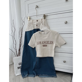 SET CROP CHỮ CHÂN VÁY MIDI JEAN PHỐI EO