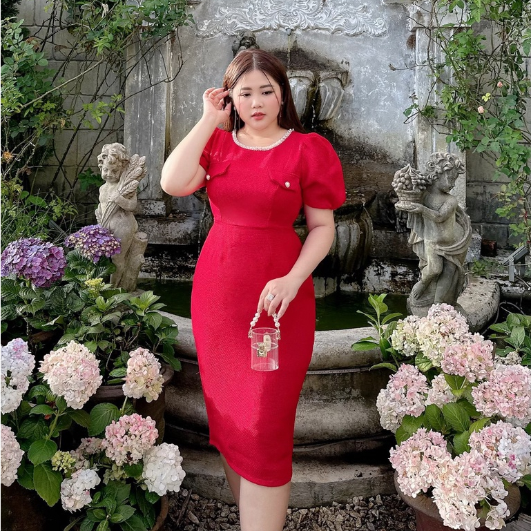 Đầm Nữ Đầm Dự Tiệc Bigsize Ôm Body Cổ Tròn Tay Phồng 2 Nắp Túi Phối Ngọc Cổ Dành Cho Người Mập 50-90kg