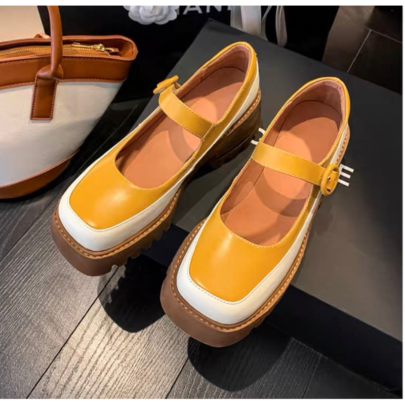 ORDER 🌼 Giày moca mũi vuông phối màu da bò 6cm 34-39