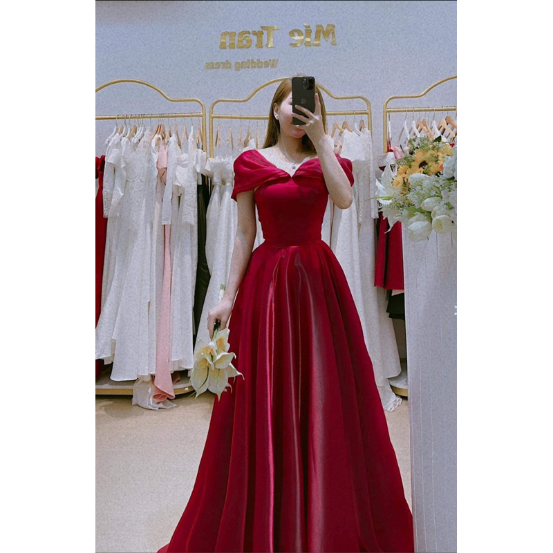 đầm cô dâu , váy cưới đi bàn , dạ hội voan xoè trễ vai