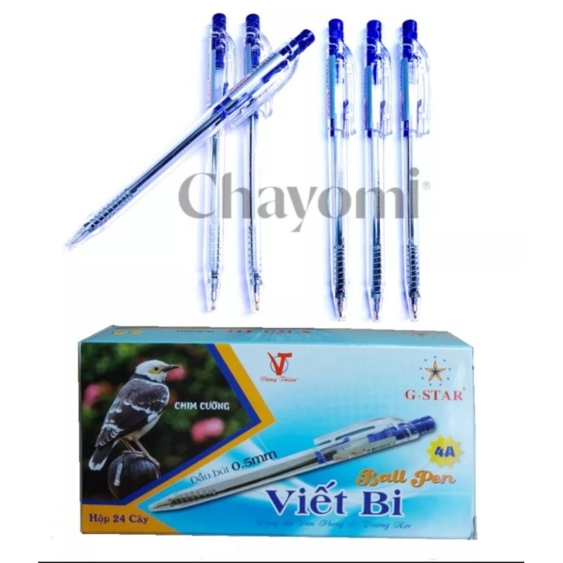 Bút bi bấm các loại Gstar, bút nến dài Vâng Thiêng mực xanh, viết êm, trơn không tắt mực, giá rẻ