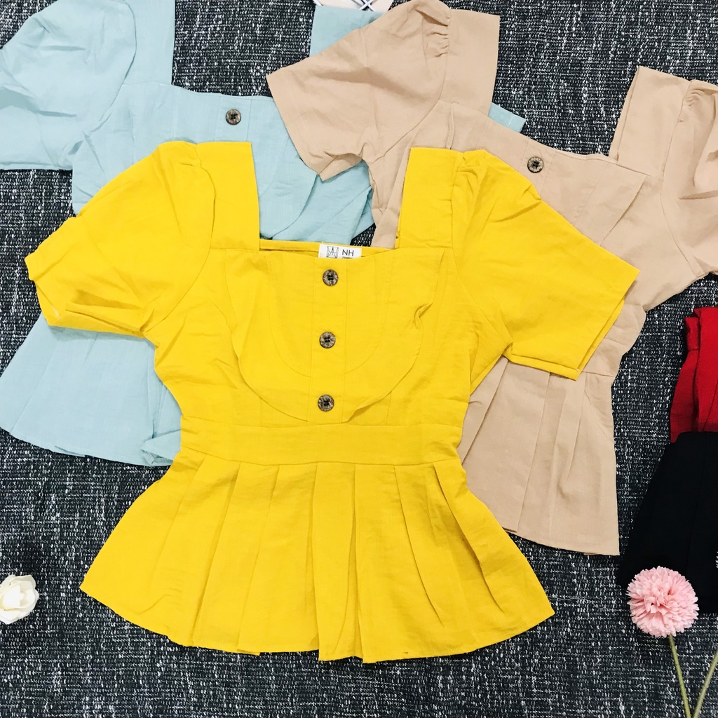 Áo Kiểu Tay Ngăn xếp ly vạt dưới Áo phối Nút Gỗ giữa thân chất vải Đũi Hàn