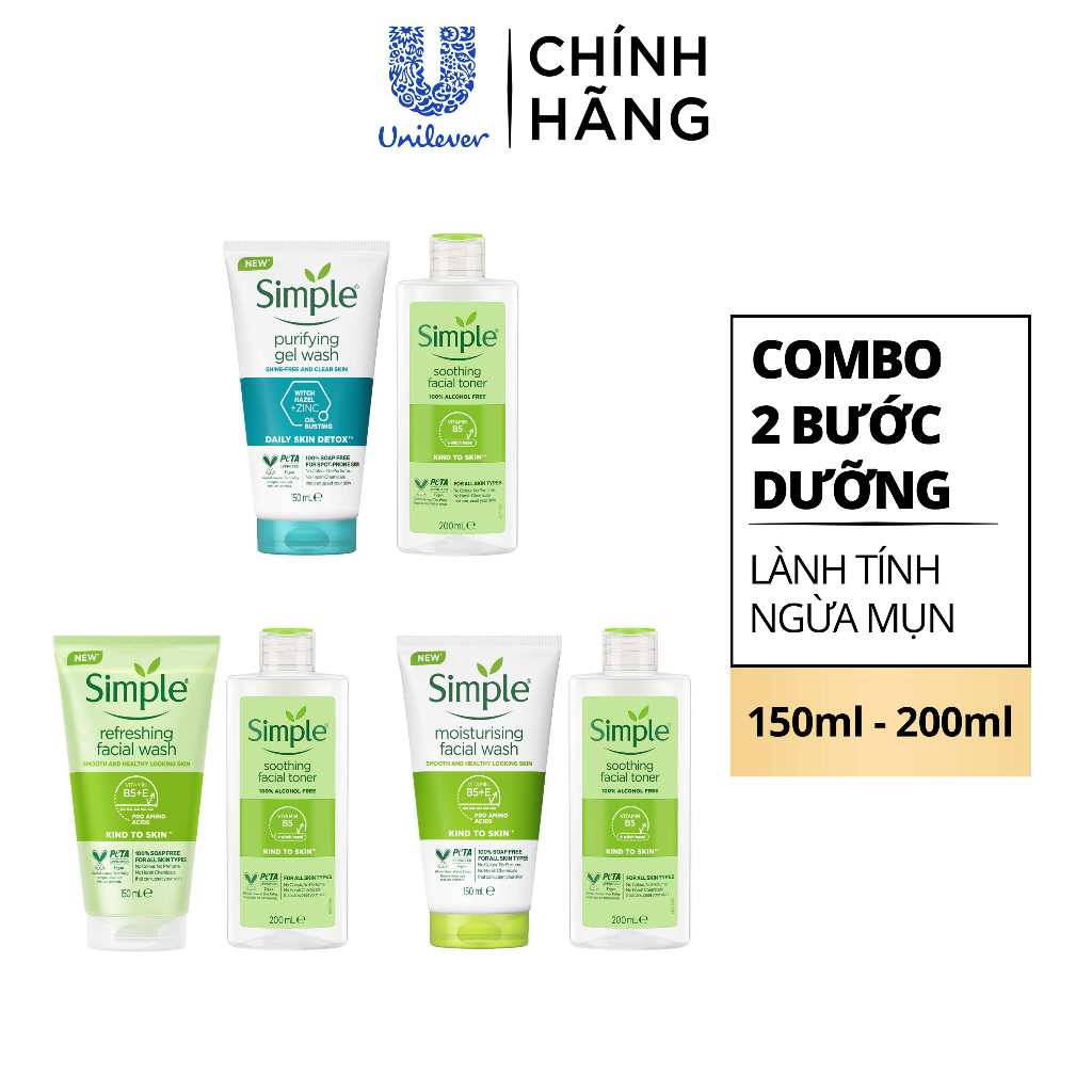 Combo Simple Sữa rửa mặt 150ml + Nước hoa hồng 200ml 