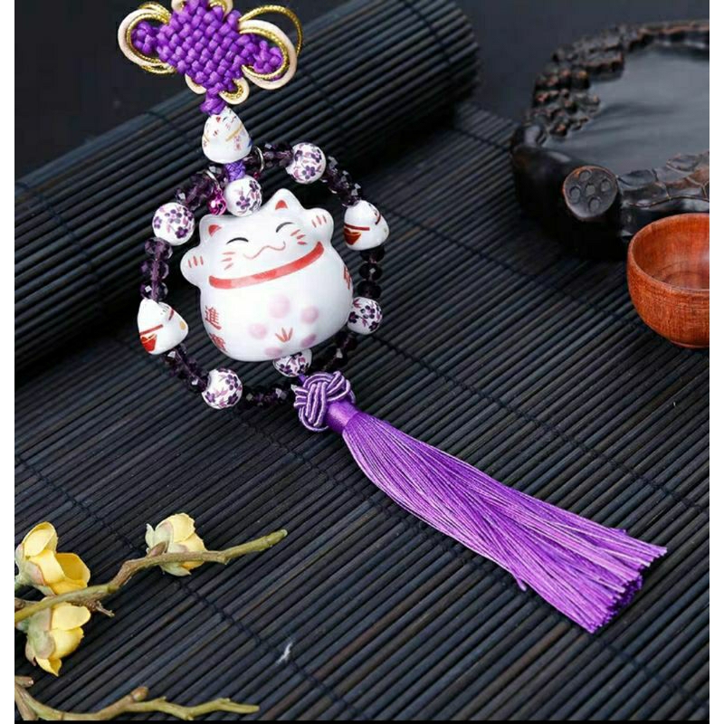 Khánh Mèo thần tài treo gương chiếu hậu xe ô tô may mắn