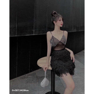 gv307- đầm 2 dây đính cườm tua rua dự tiệc