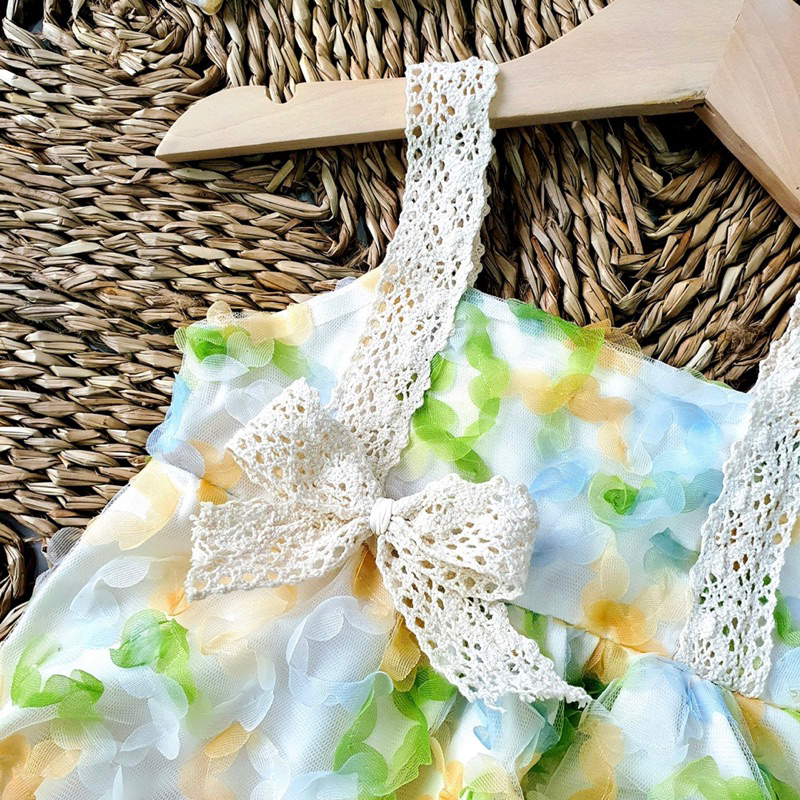 Body Hoa Nổi Màu Xanh Phối Ren NHÍM XÙ KIDS Cho Bé Gái Sơ Sinh, Đầy Tháng, Thôi Nôi B056