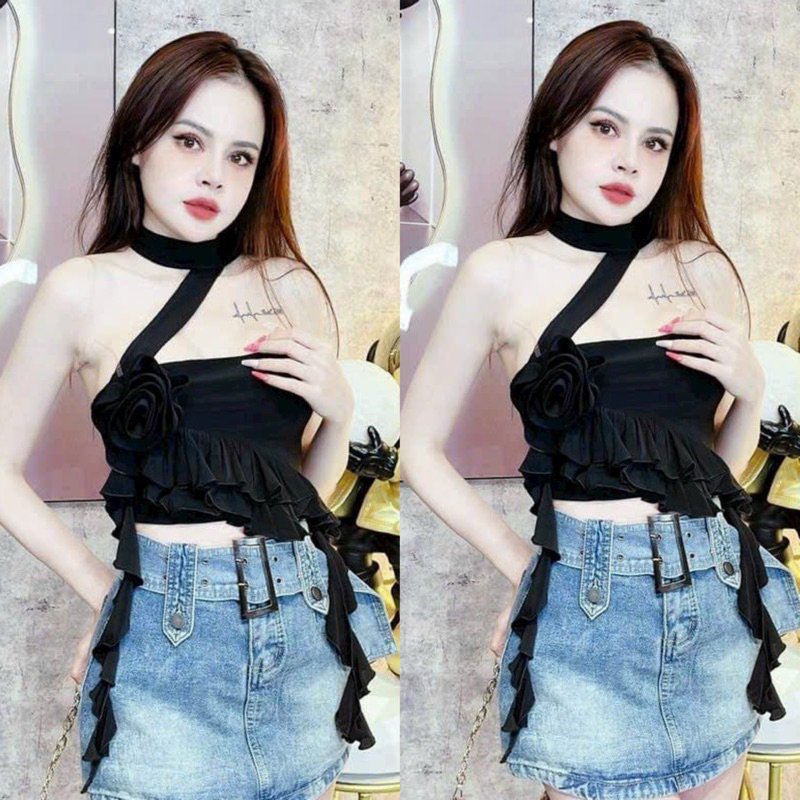 Áo Croptop Đính Hoa Hồng Tua Rua Bèo Dây Chéo Vai