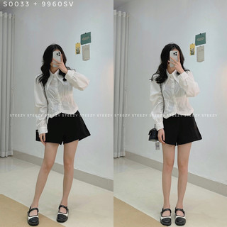 Áo sơ mi trắng croptop cổ nhọn vạt ziczac form vừa