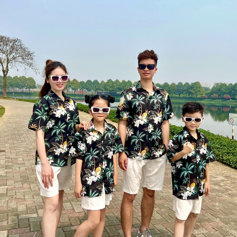 Áo Sơ Mi Đi Biển, Somi Hawai họa tiết cây dừa màu đen