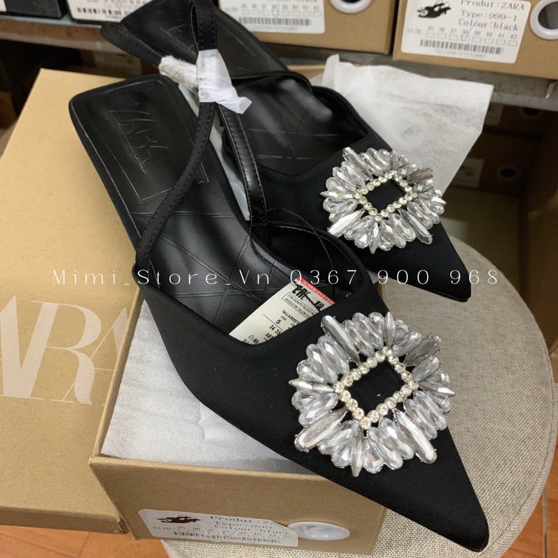Giày nữ mũi nhọn đính đá sling back ZR xuất full box MS-999/2113 (nên tăng một size)