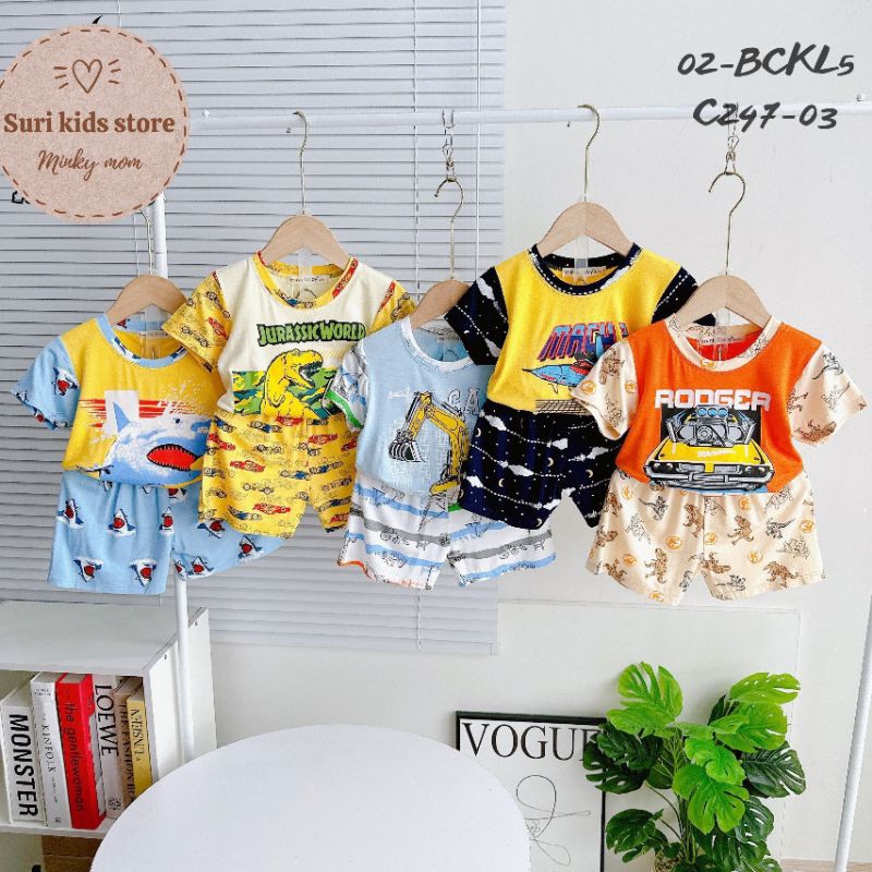 💖 Bộ cộc tay minky mom - minly baby thun lạnh tay ráp in hình khủng long, xe cẩu, ô tô cho bé trai