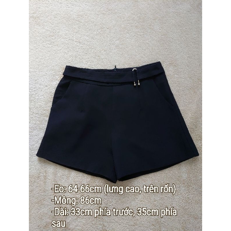 Quần short vải nữ 2 lớp màu đen lưng cao trên rốn phối dây đai có khóa kéo sau lưng và 2 túi bên hông (Used/Si)