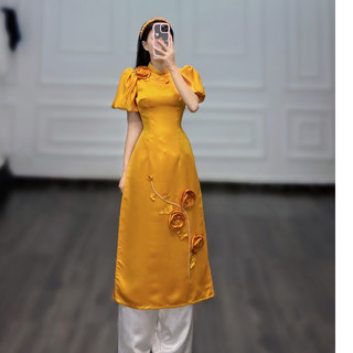 Áo Dài tay Bồng đín hoa hanmade nhẹ nhàng tinh tế có đủ màu, Áo Dài Cách Tân vải tát ta giữ phom chuẩn áo dài