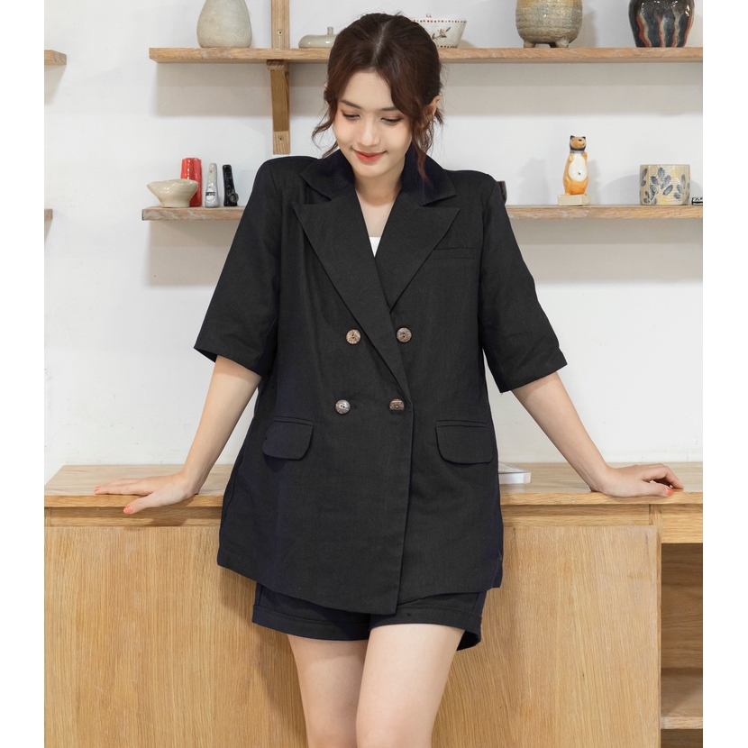 Áo Blazer linen 4 nút thời trang HOA ĐÔ thiết kế đơn giản thanh lich màu xanh HA1001