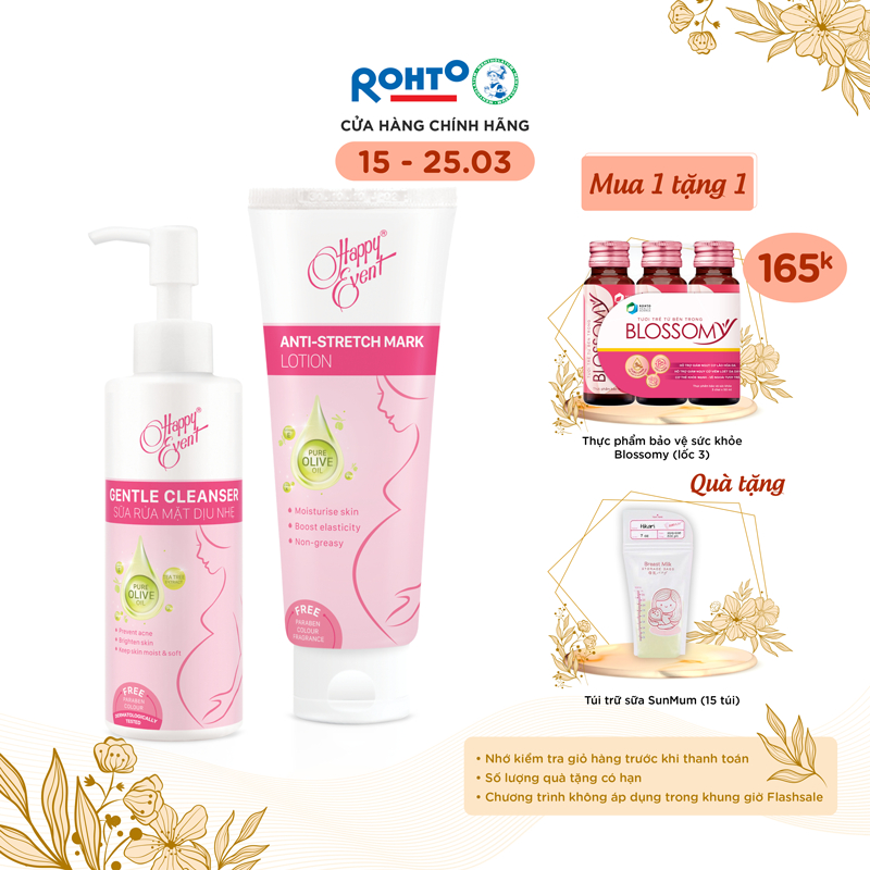 Bộ sản phẩm rửa mặt dịu nhẹ, ngăn ngừa rạn da dành cho phụ nữ mang thai Happy Event + Tặng Túi trữ sữa SunMum (15 túi)