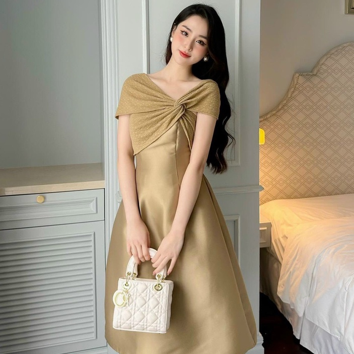 Đầm tafta pha cotton xoắn lệch trễ vai thanh lịch cao cấp L1 - KĐ