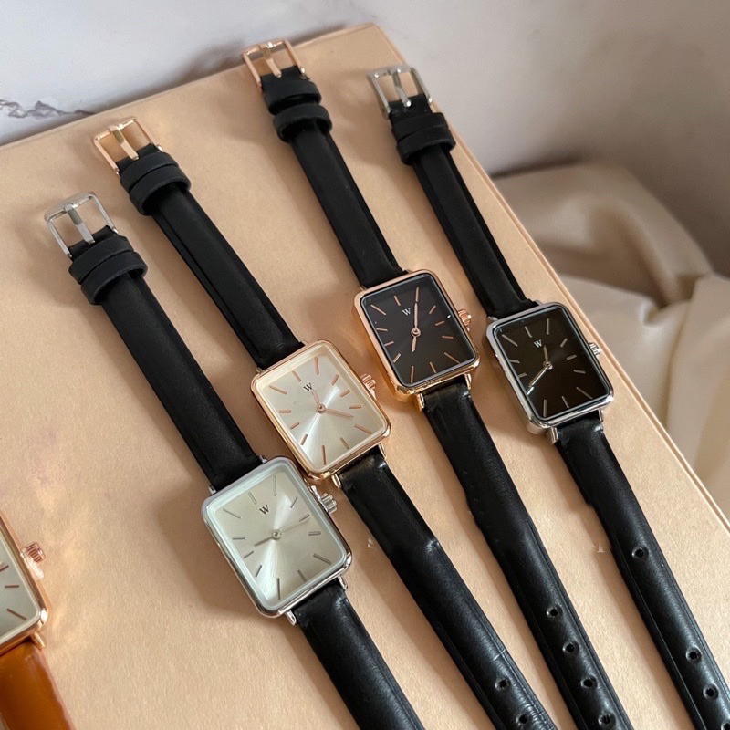 Đồng hồ nữ dây da đen vuông size nhỏ xinh phong cách vintage sang chảnh
