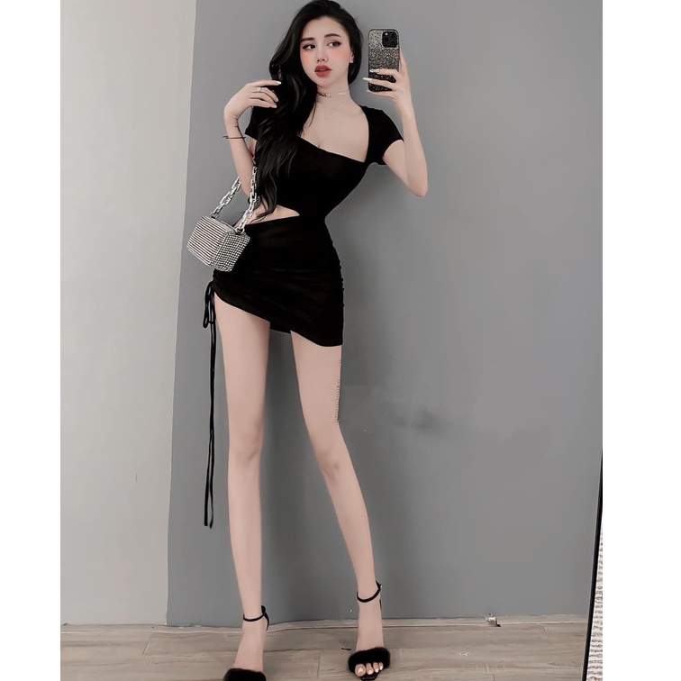 Đầm body rút dây tà khoét eo cổ U chất thun mềm mịn siêu gợi cảm