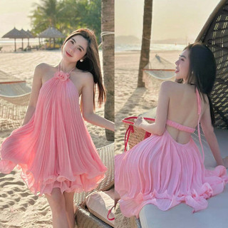 Đầm dập ly cổ yếm đính hoa viền lượn xinh - nep tkcc