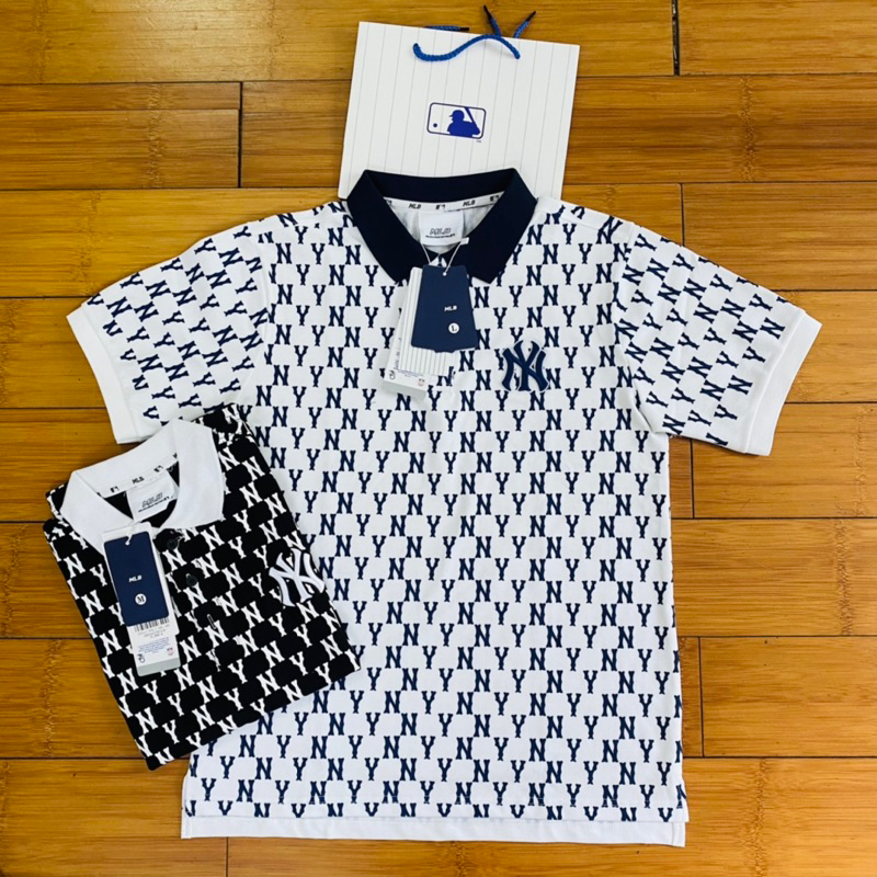 Áo Polo MLB Monogram Trắng Logo Xanh Navy Siêu Xịn