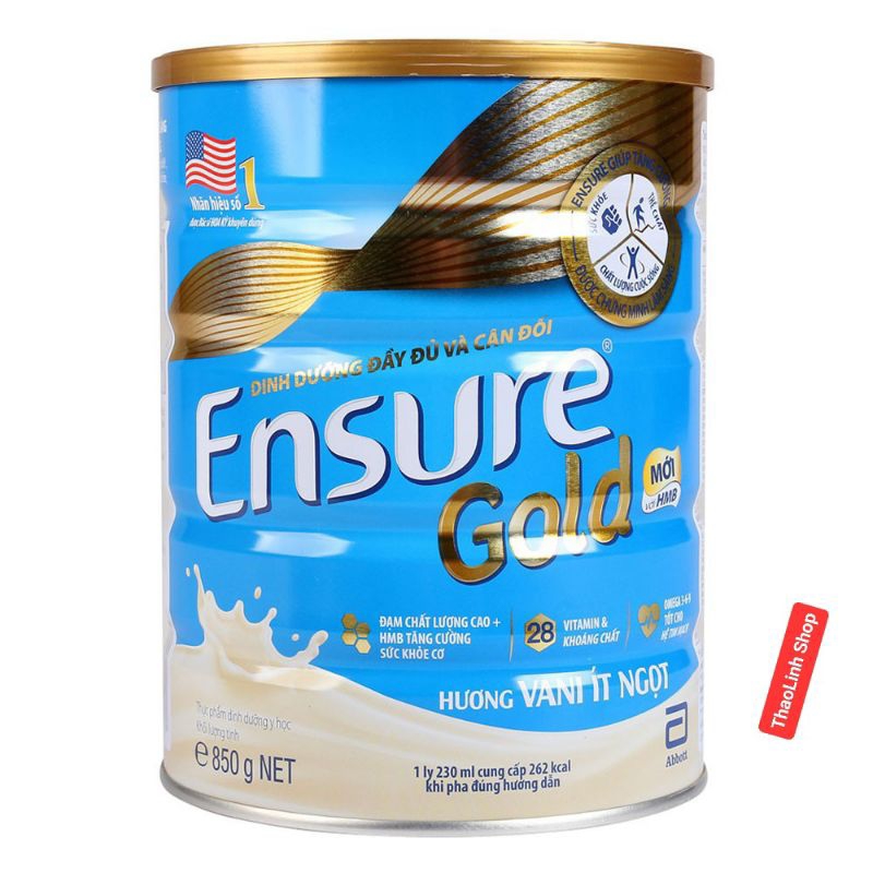 Sữa bột Abbott Ensure Gold HMB Hương Vani Ít Ngọt 850g (Chính hãng)