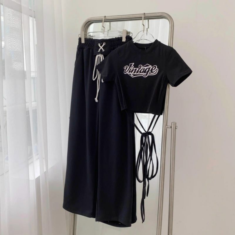 Áo thun nữ croptop ôm body VINTAGE tay ngắn đan dây qua eo sexy thời trang cá tính phong cách