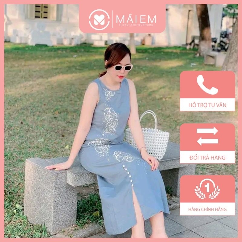 Váy màu xanh trời chất liệu Linen thời trang_V8050
