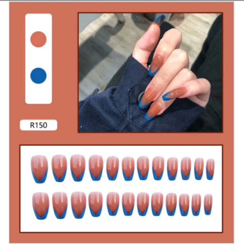 Set bộ 24 móng tay giả dáng dài màu xanh cam sữa cực ngầu Nail bo