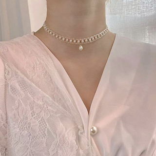 Vòng cổ vintage LISA KIM size 3-4 li mix đá pha lê màu trắng