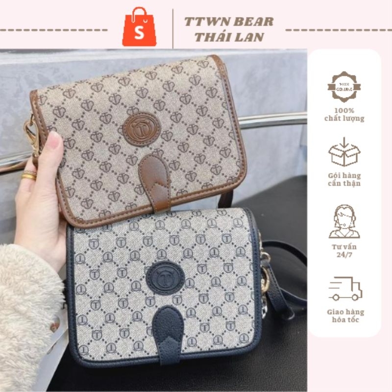 Túi đeo chéo nữ màu nâu họa tiết sọc chất da bền đẹp hàng TTWN BEAR Thái Lan cam kết chính hãng