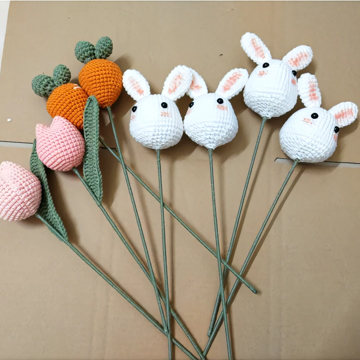 1 Bông hoa thỏ handmade móc tay bằng len làm quà tặng 20/10, valentime, decor trang trí nhà cửa dễ thương