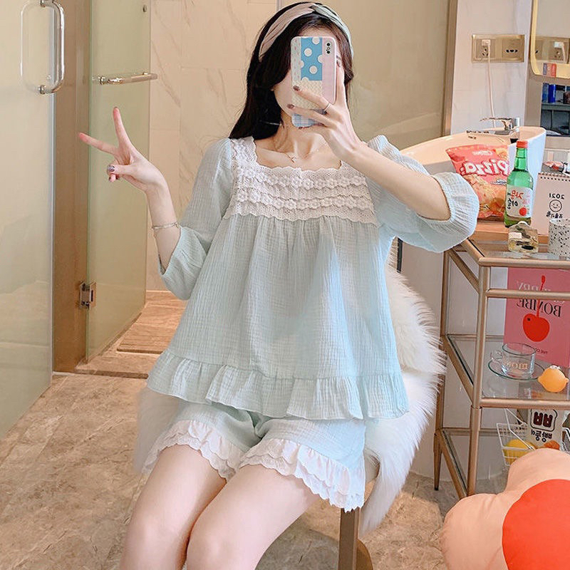 Set mặc nhà muslin phối ren tiểu thư cực xinh