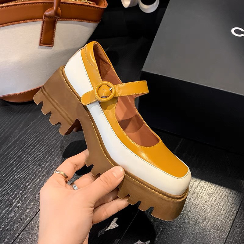 ORDER 🌼 Giày moca mũi vuông phối màu da bò 6cm 34-39