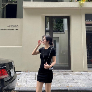 Váy body cổ tròn basic nữ chất thun gân