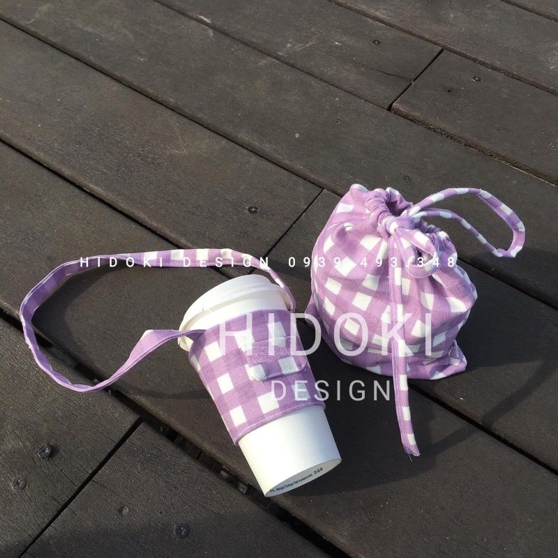 Túi Vải Thiết Kế HIDOKI Xách Ly Trà Sữa Dây Đai (Vừa Ly Dưới 500ml, Vải Mộc Có Đốm Đen)