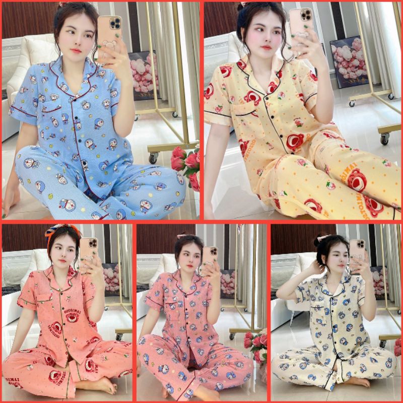 Bộ pijama tay lỡ quần dài Doremon chất Xốp đũi siêu đẹp, Đồ bộ mặc nhà in gấu dâu lotso dễ thương hottrend cho nữ